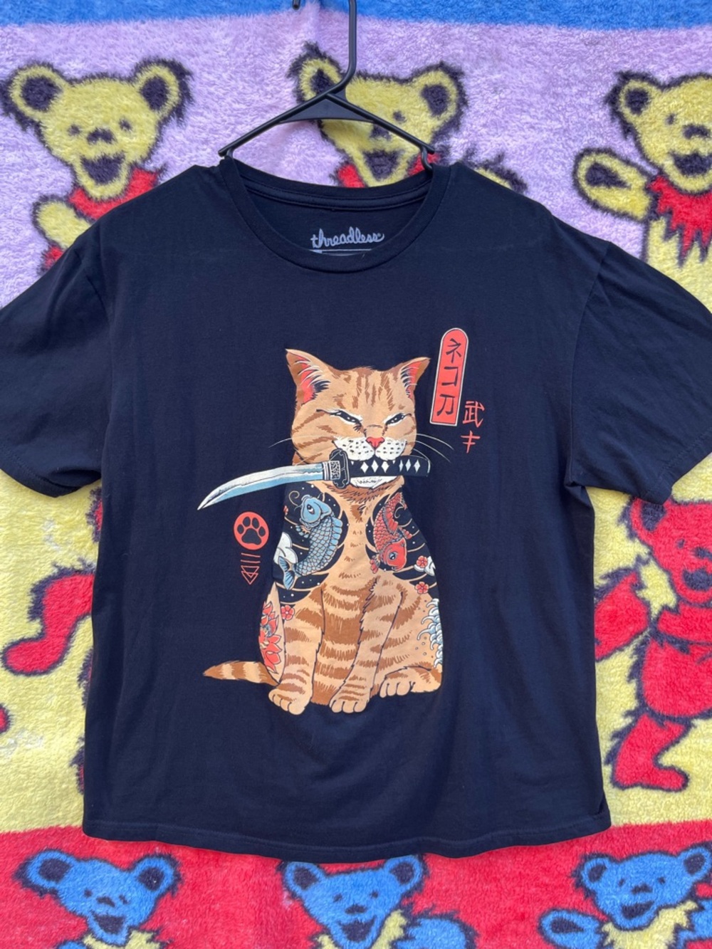Samurai Cat Koi Fish Tattoo Black Graphic Tee Shirt Large Threadless